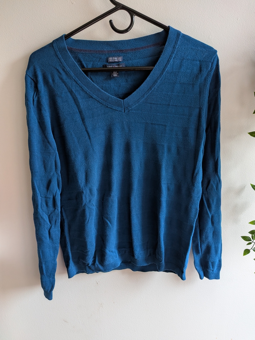 Tommy Hilfiger 100% Pima Cotton Women's V-Neck Sweater in Teal Blue